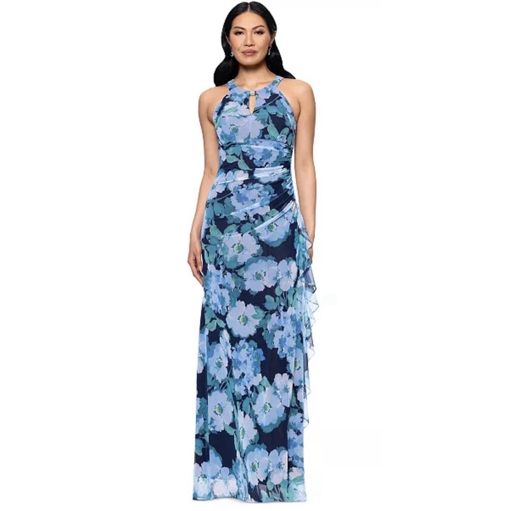 Betsy & Adam Women's Size 12 Blue Floral Mesh Gown NWT Zip Back Halter Neck